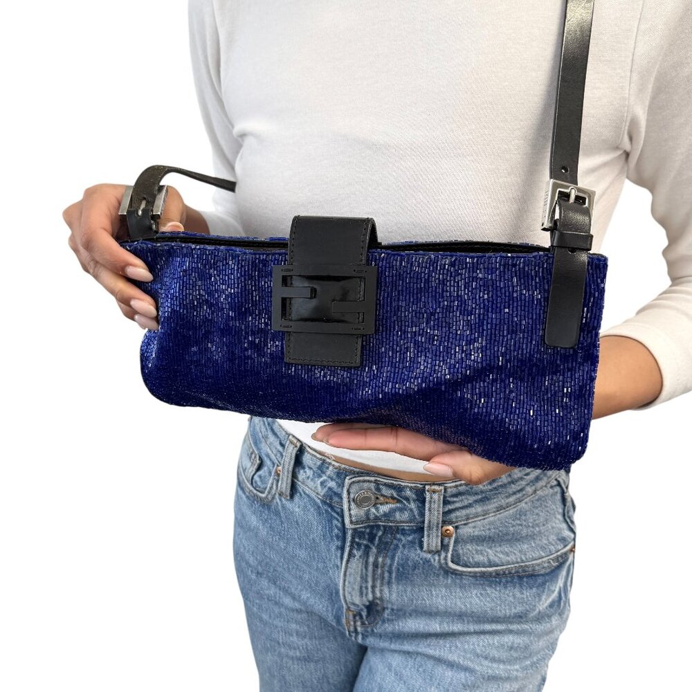 FENDI Vintage FF Logo Beads Mamma Baguette Crossbody Shoulder Bag Blue [106461]